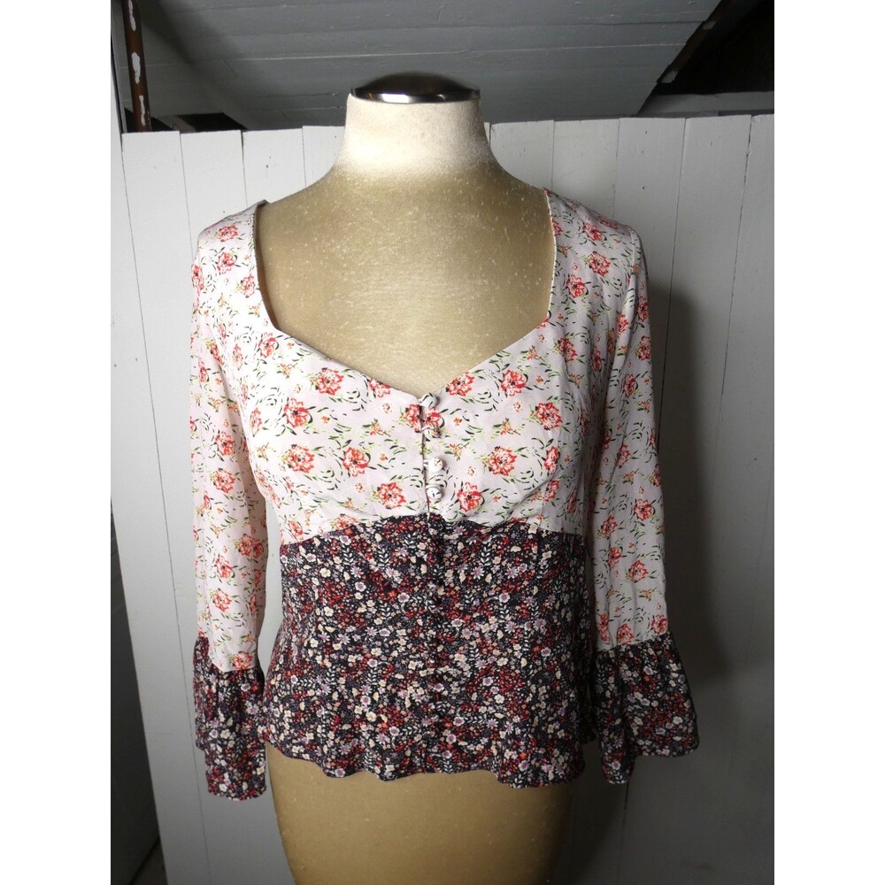 Intermix Women's 6 Doryll Bell Sleeve Top 100% Silk Floral Side Zip Square Neck